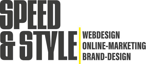Logo for Speed & Style: bold black typography with a yellow vertical divider and the services Webdesign, Online-Marketing, Brand-Design to the right.